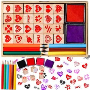 NWT Konsait 34pcs Mini Valentine Stamps with Ink Pads And Colored Pencils